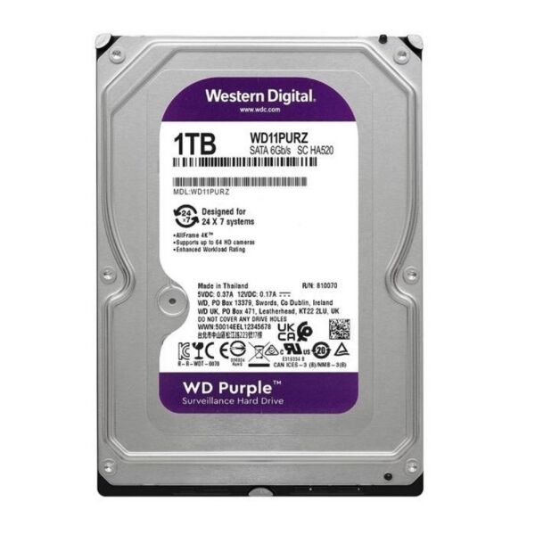 1 TB WD 3.5'' Purple SATA3 5400RPM 64MB 7/24 WD11PURZ Güvenlik 3 Yıl Dist Garanti