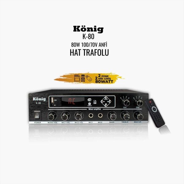 KÖNIG K-80 80W 100V 2 Bölgeli Hat Trafolu USB Bluetooth Mikser Amfi