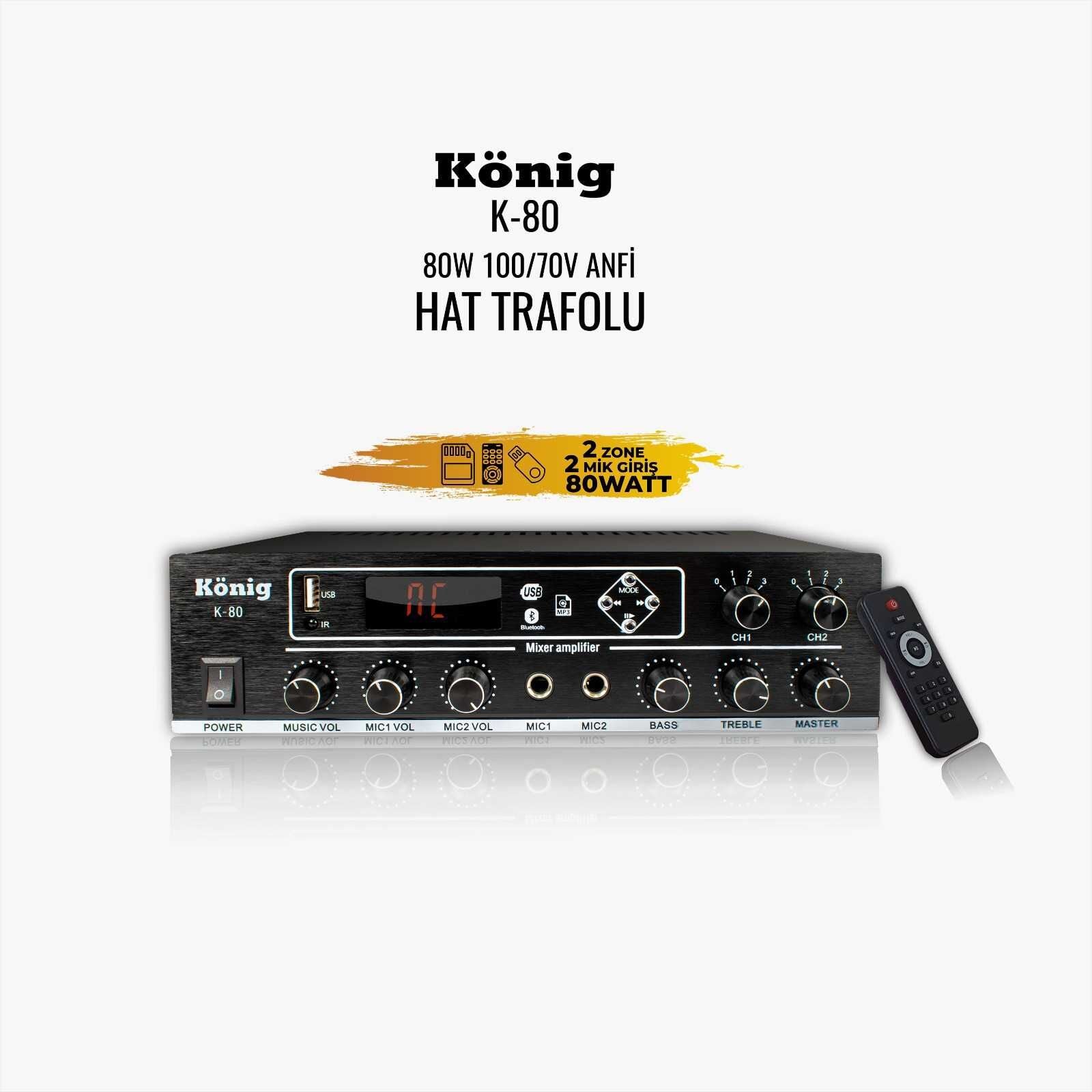 KÖNIG K-80 80W 100V 2 Bölgeli Hat Trafolu USB Bluetooth Mikser Amfi