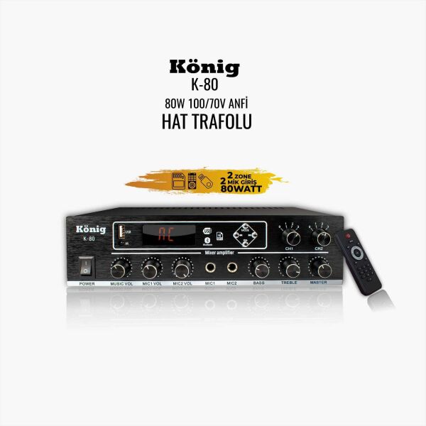 KÖNIG K-80 80W 100V 2 Bölgeli Hat Trafolu USB Bluetooth Mikser Amfi