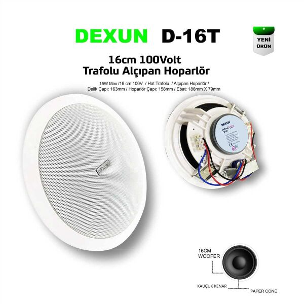 DEXUN D-16T 16CM 30W 70/100V Hat Trafolu Gömme Alçıpan Tavan Hoparlörü Beyaz