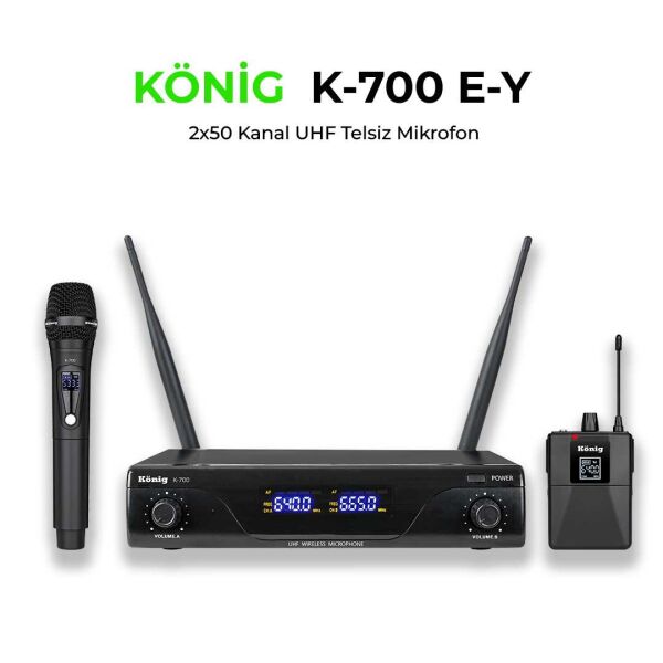 KÖNİG K-700 E-Y 2x50 Kanal 1EL+1YAKA UHF Telsiz Mikrofon