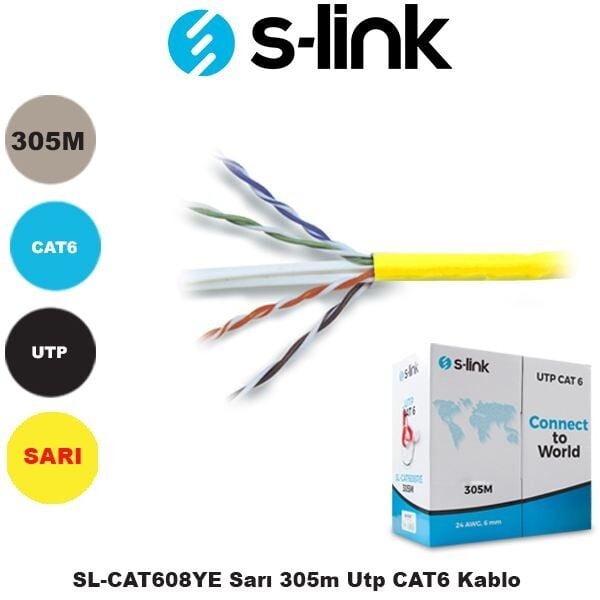 S-link SL-CAT608YE Sarı 305m UTP İç Ortam CAT6 Kablo