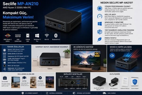 Seclife MP-AN210 Ryzen3 3200U 8GB 256GB SSD Win11 Siyah Mini Pc
