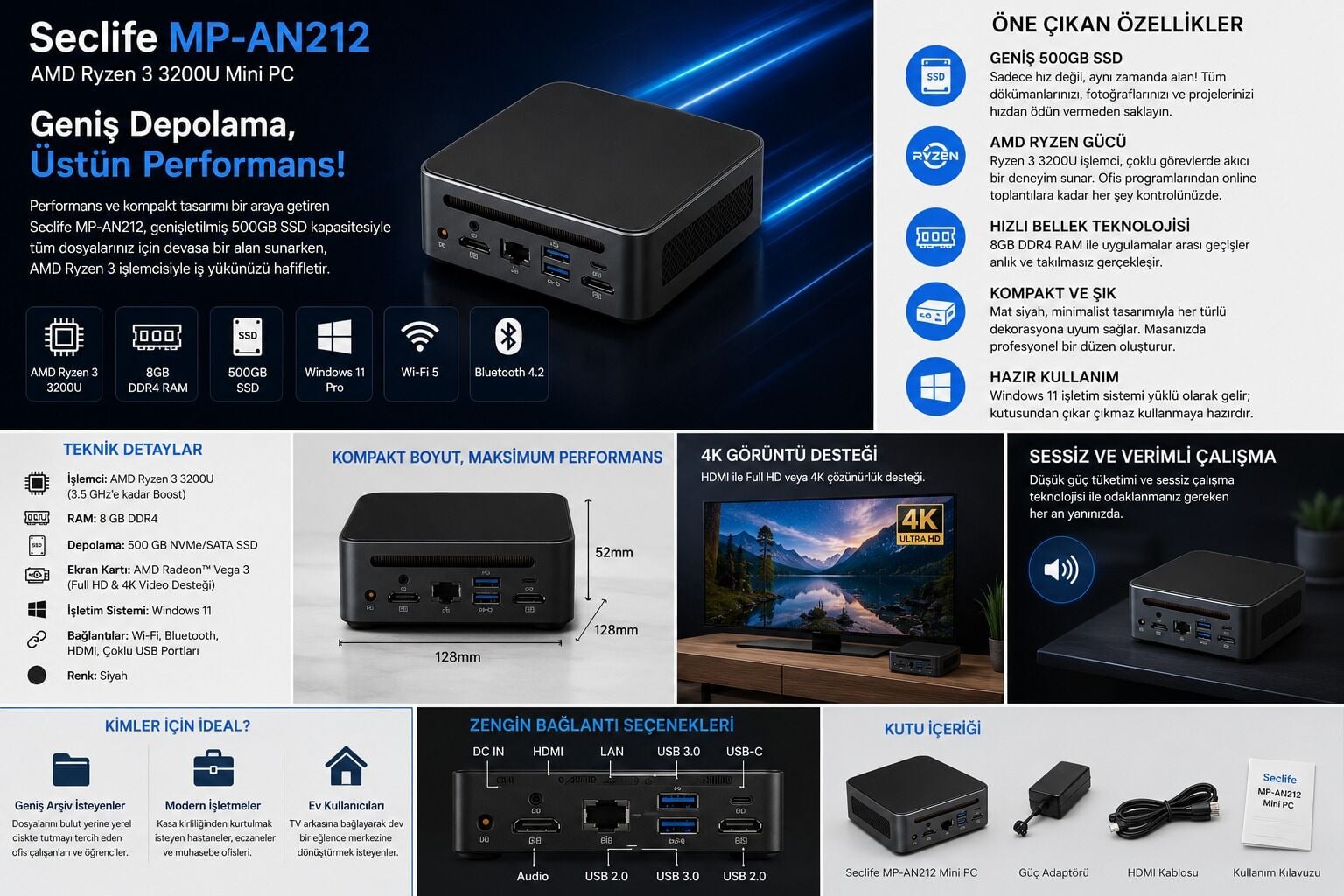 Seclife MP-AN212 Ryzen3 3200U 8GB 500GB SSD Win11 Siyah Mini Pc