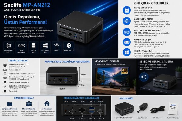 Seclife MP-AN212 Ryzen3 3200U 8GB 500GB SSD Win11 Siyah Mini Pc