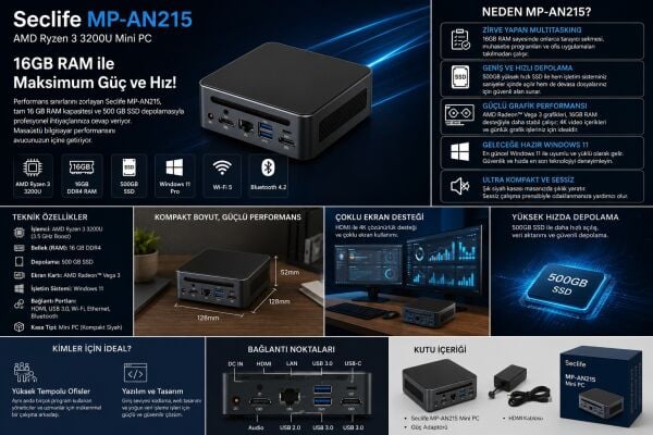 Seclife MP-AN215 Ryzen3 3200U 16GB 500GB SSD Win11 Siyah Mini Pc