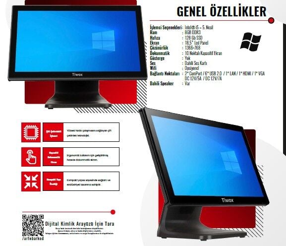 Tiwox TP-4950 İ5 5.Nesil 8GB RAM 128 SSD 18,5'' Endüstriyel Pos PC