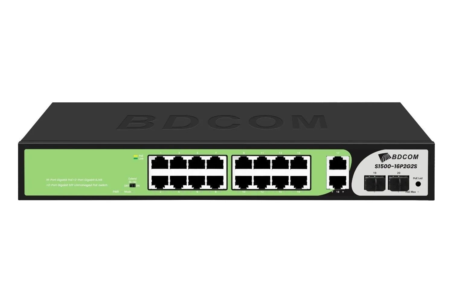 BDCOM S1500-16P2G2S 20 Port GIGABIT 16xPoE 185W 2xRJ45 2xSFP Yönetilemez Switch