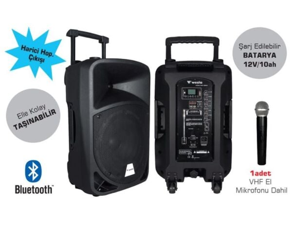 WESTA WAP-12503ET 12'' 200W 2 Yollu Şarjlı Aktif Kabin Hoparlör 1 El + 1Yaka Mik