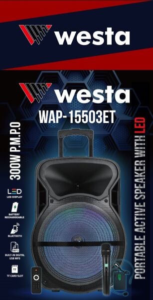 WESTA WAP-15503ET 15'' 300W 2 Yollu Şarjlı Aktif Kabin Hoparlör 2 Mikrofonlu