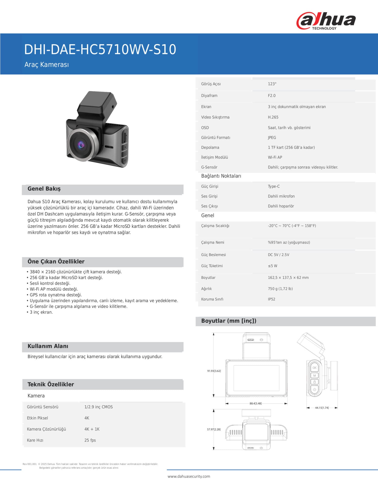 Dahua DHI-DAE-HC5710WV S10 (ARAC ICI KAMERA) Dash Kamera