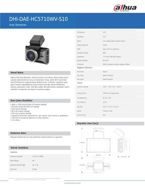 Dahua DHI-DAE-HC5710WV S10 (ARAC ICI KAMERA) Dash Kamera