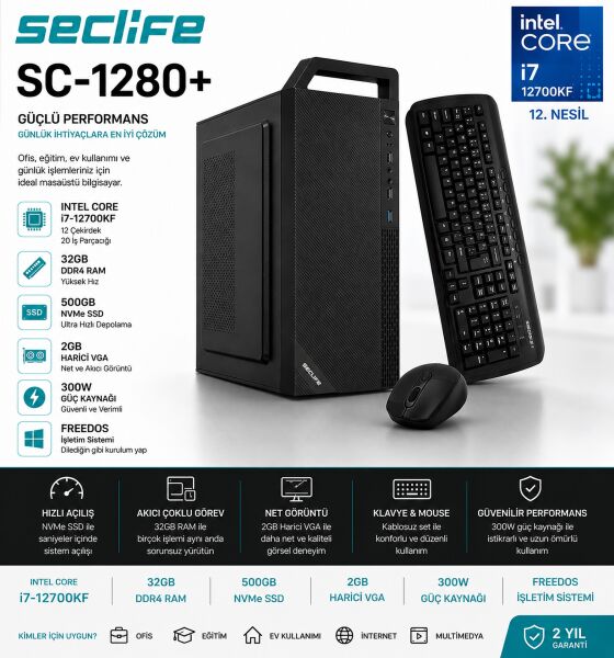 Seclife SC-1280+ i7-12700KF 32GB 500GB Nvme 2GB VGA 300W Dos