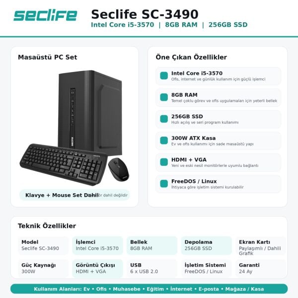 Seclife SC-3490 İ5-3570 8GB 256GB Nvme SSD 300W Dos