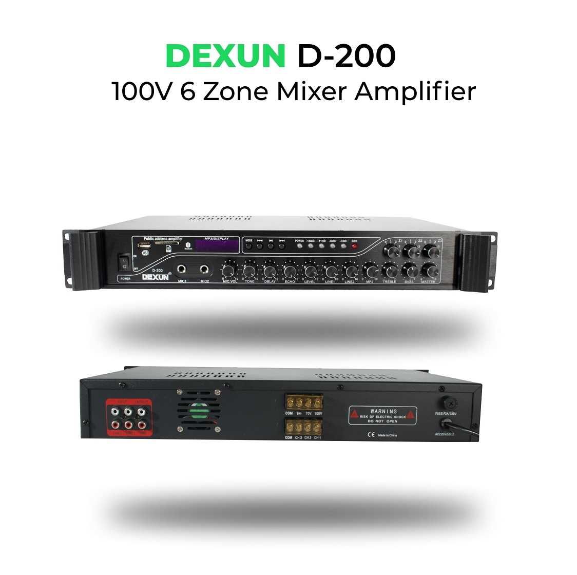 DEXUN D-200 200W 100V 3 Bölgeli Hat Trafolu Mikser Amfi USB SD Bluetooth