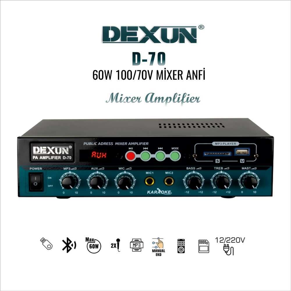 DEXUN D-70 60W 100V Hat Trafolu Mikser Amfi USB SD Bluetooth 2 Mikrofon Girişli
