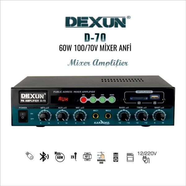 DEXUN D-70 60W 100V Hat Trafolu Mikser Amfi USB SD Bluetooth 2 Mikrofon Girişli